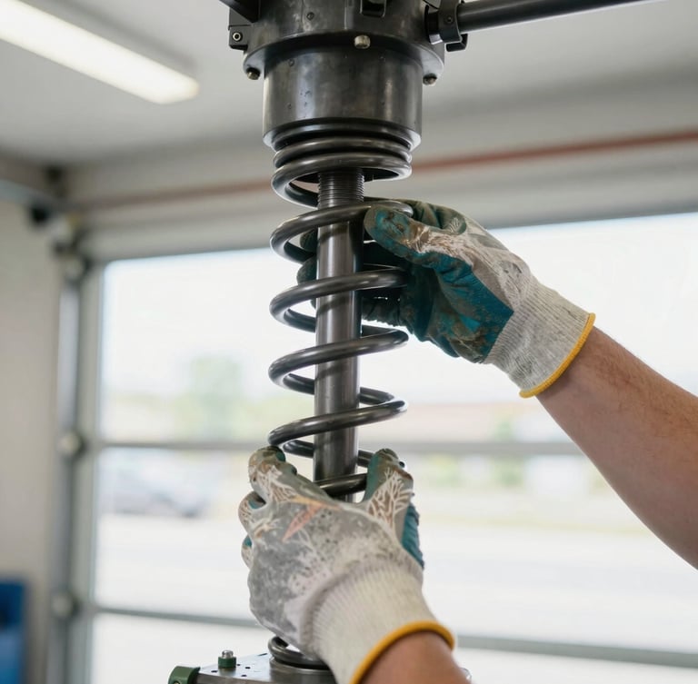 Close-up, sharp documentary photo of a technician's hands carefully inspecting a garage door torsion spring, with proper safety gloves. Bright, clear garage interior lighting, realistic industrial tones.