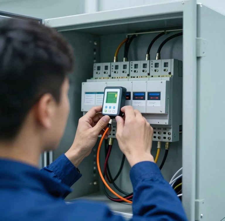 Over-the-shoulder view of a technician wiring an industrial electrical panel with smart sensors, bright laboratory lighting, cool blue tones, sharp focus, 35mm