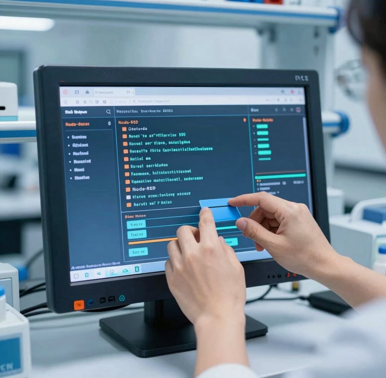 Crisp industrial photography, bright laboratory lighting, hands configuring a Node-RED dashboard on a rugged industrial monitor, cool blue tones, 35mm