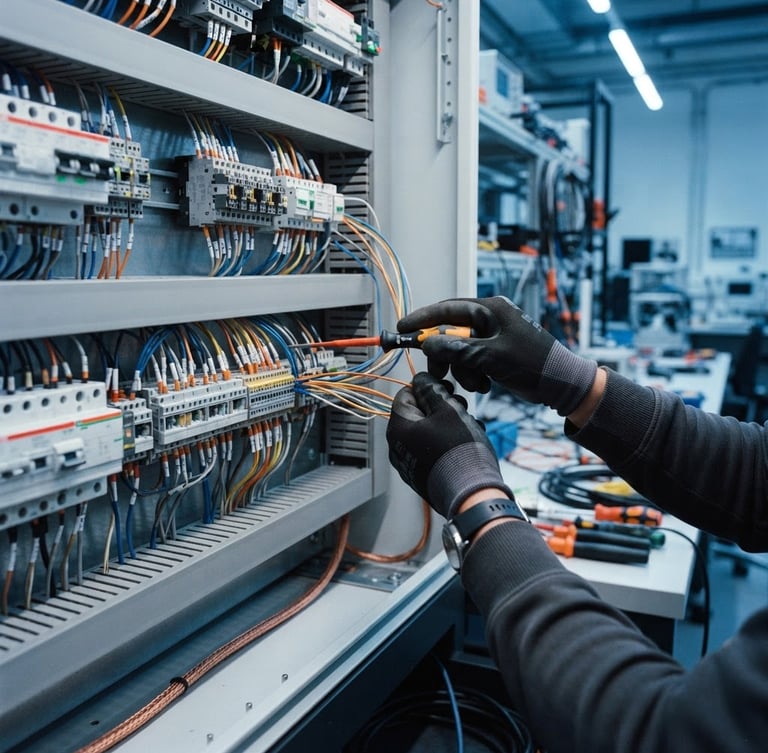 Crisp industrial photography, bright laboratory lighting, cool blue tones with orange accents, close-up of hands wiring a smart electrical panel, 35mm