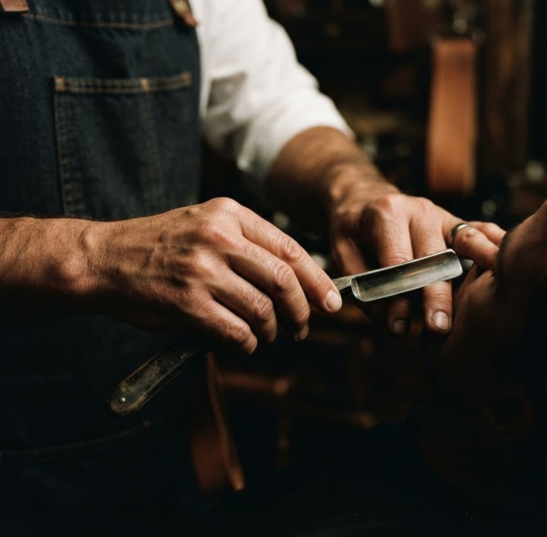 Moody close-up of a barber's hands holding a straight razor, warm low-key side lighting, rich charcoal and bronze tones, shallow depth of field, 35mm film