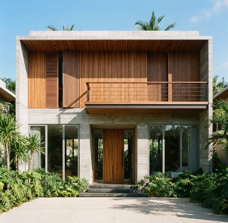 Straight-on architectural orthographic elevation of a modern tropical house with concrete and teak wood facade, sharp shadows from bright sunlight, 35mm lens