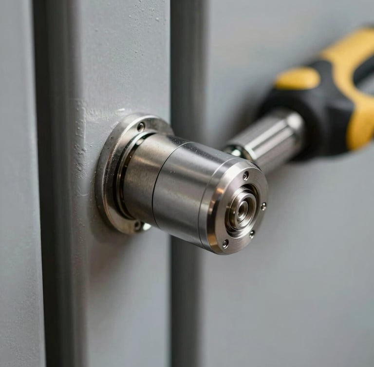 Macro shot of a high-security lock cylinder being installed into a metallic door frame, technical precision tools visible in the background, sharp details.