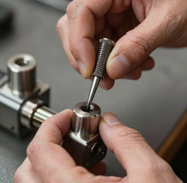 Close-up of a locksmith's hands using specialized pick tools on a high-security lock cylinder, focused technical lighting, sharp details.