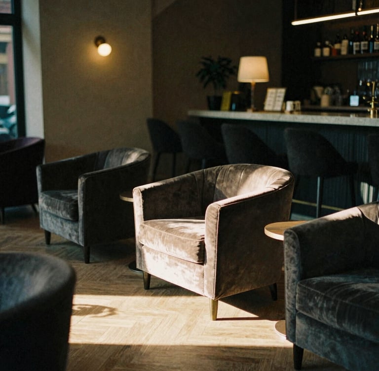 Cinematic 35mm photograph of a moody boutique hotel lobby at golden hour, soft light hitting velvet armchairs, shadows stretching across herringbone floors.