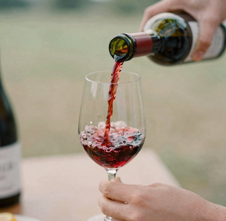 Close-up editorial photograph of hands pouring natural red wine into a delicate glass, soft natural daylight, shallow depth of field, warm tones.