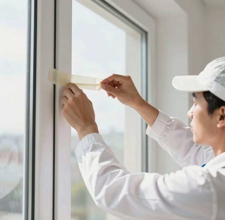 Close-up of a painter in a clean white uniform applying crisp masking tape to an architectural window frame, bright natural daylight, sharp focus