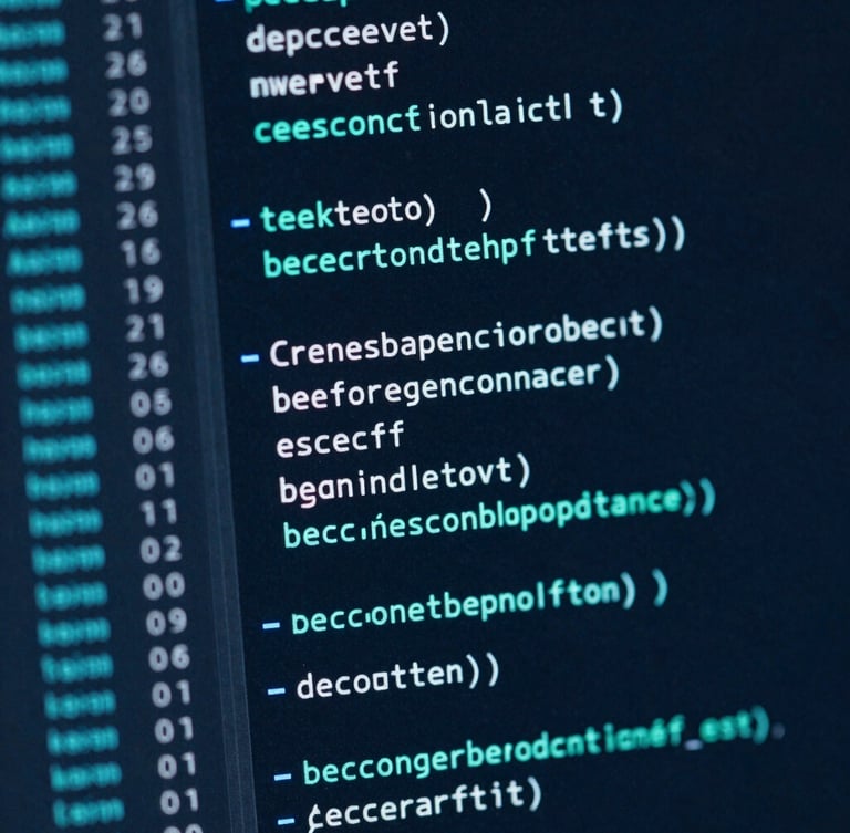 Close-up macro shot of lines of secure code in a dark IDE terminal with active terminal logs on a side panel, glowing cyan highlights