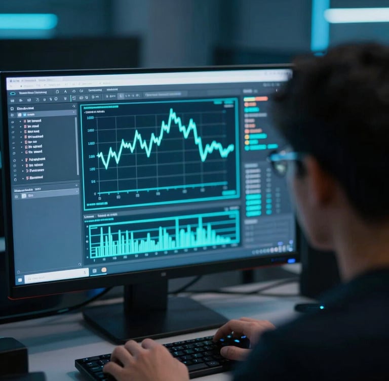 Over-the-shoulder view of a machine learning engineer analyzing a high-fidelity terminal interface with neural network weights and training loss curves, glowing cyan accents, shallow depth of field.