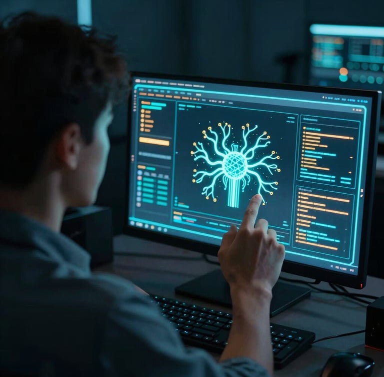 Over-the-shoulder shot of an engineer analyzing neural network weights on a high-fidelity terminal interface, glowing cyan and amber neon highlights, cinematic tech photography.