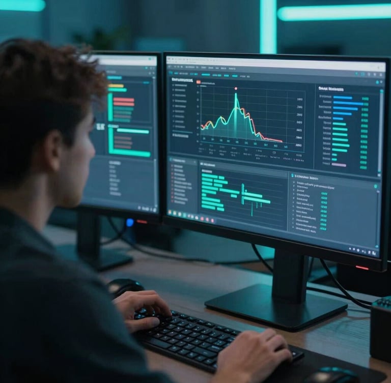 Over-the-shoulder view of a data engineer analyzing real-time streaming analytics dashboards on vertical 4K monitors, neon cyan ambient lighting, shallow depth of field, 35mm lens