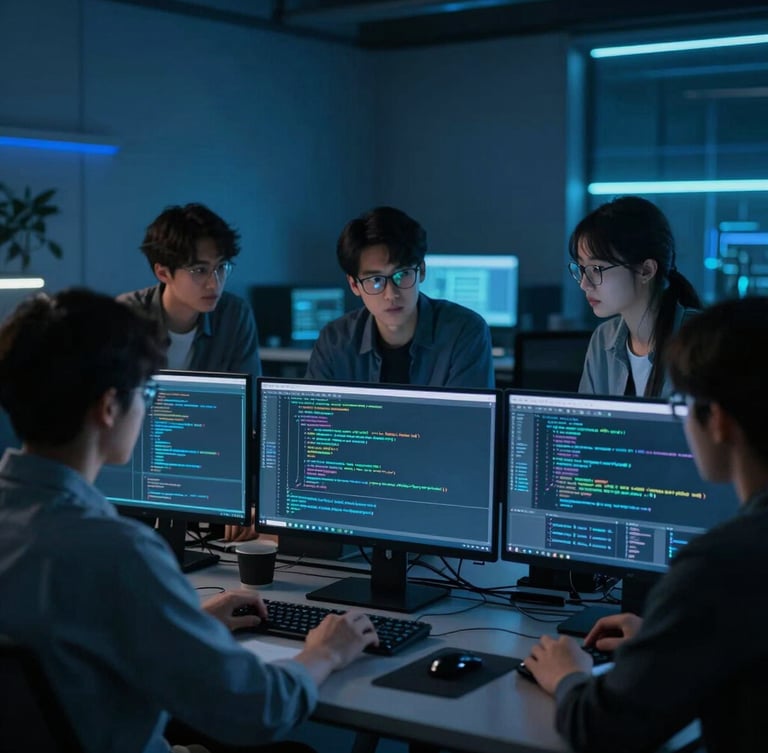 A collaborative engineering team huddled over code on multiple screens in a moody, low-key workspace with deep blue ambient lighting, shallow depth of field.