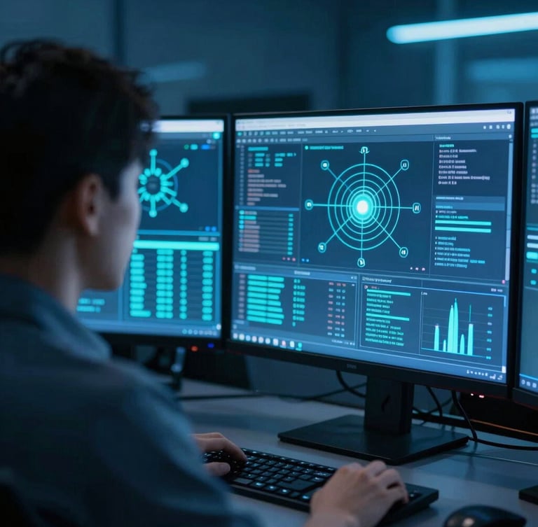 Over-the-shoulder shot of a security analyst analyzing live intrusion vectors on a glowing multi-monitor dashboard, deep blue and cyan ambient lighting, shallow depth of field