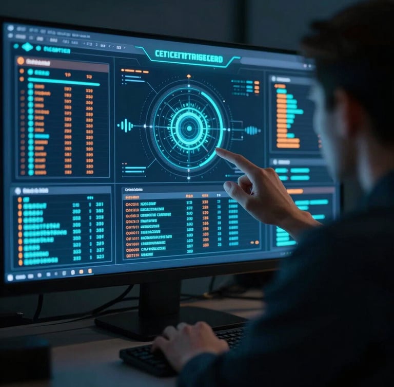 Over-the-shoulder shot of a developer analyzing a complex cybersecurity dashboard with glowing cyan and orange telemetry, low-key ambient lighting, cinematic 35mm lens.