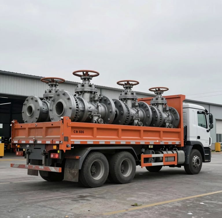 A heavy utility transport truck loaded with massive industrial steel valves parked outside a warehouse, overcast sky, cool desaturated industrial tones.