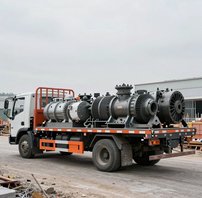 A commercial utility flatbed truck loaded with heavy industrial gearboxes and steel parts, parked on an active construction site, industrial documentary photography, natural overcast daylight, desaturated cool tones with safety orange accents, 35mm lens.