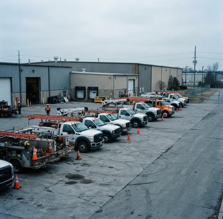 Wide environmental shot of RG Sales Inc. heavy-duty utility trucks parked outside the West Alexander warehouse, industrial documentary photography, natural overcast daylight, desaturated cool tones with safety orange accents, 35mm lens.