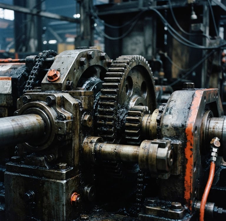 Close-up of a heavy-duty industrial gear assembly, grease and metallic texture, overcast daylight, desaturated cool tones with safety orange accents, 35mm lens.