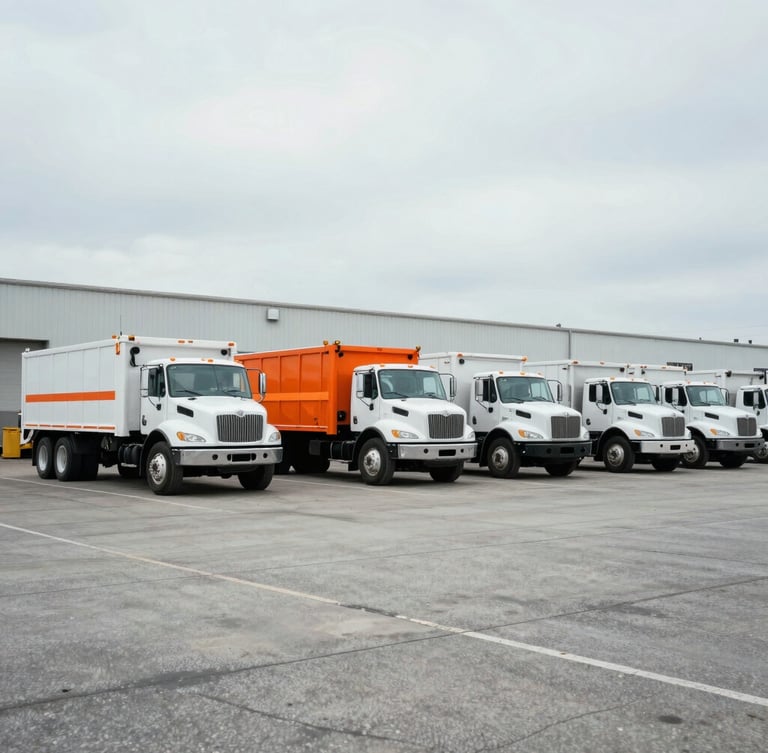 Wide environmental shot of commercial utility trucks parked at the West Alexander PA industrial depot, overcast daylight, cool desaturated tones with safety orange accents, 35mm lens.