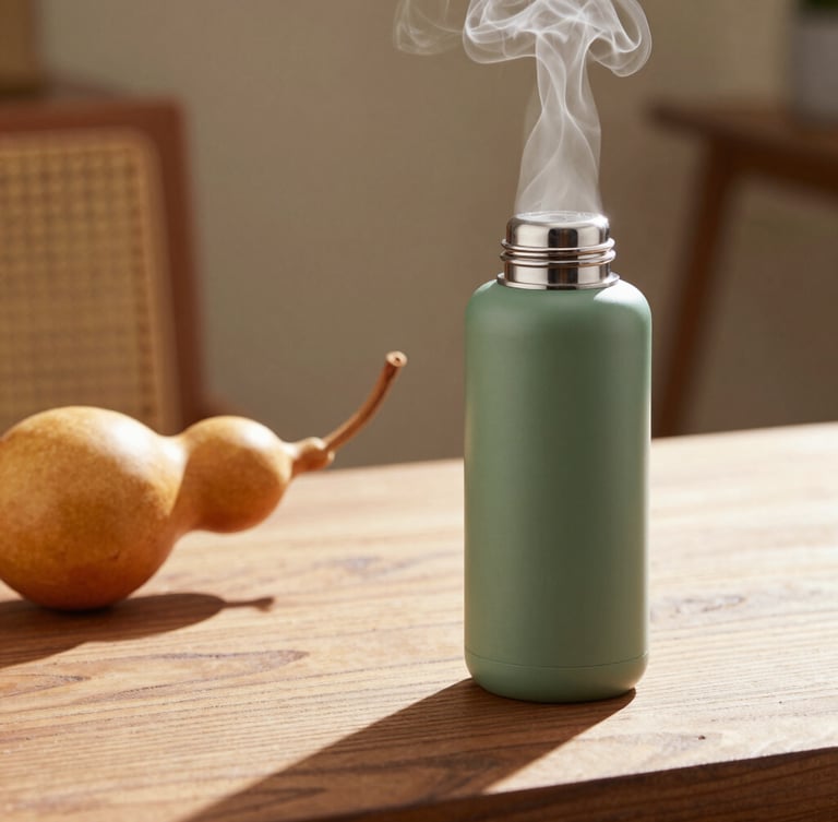 Close-up of steam rising gently from a sleek matte-green thermal flask in warm morning light, soft shadows casting on a textured wooden table, a seasoned calabash gourd resting nearby, shallow depth of field.