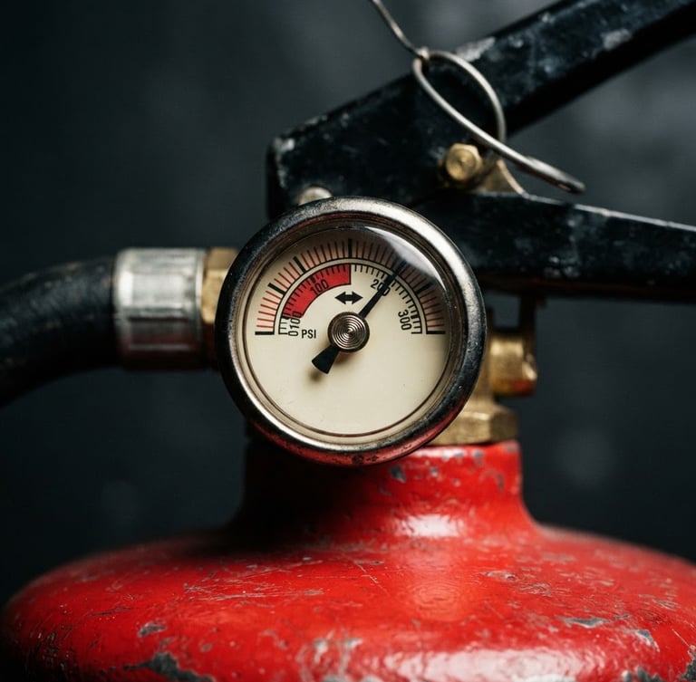 Macro close-up of a technical pressure gauge on a red fire extinguisher, high contrast industrial lighting, deep charcoal and safety red tones, sharp focus, 35mm