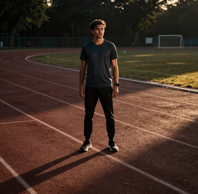 A professional athletic director in deep focus, standing on a modern outdoor running track in India, dramatic high-contrast golden hour shadows, 35mm lens