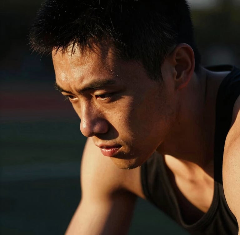 Close-up of an athlete in deep concentration, dramatic side lighting, high-contrast shadows, premium sports editorial style