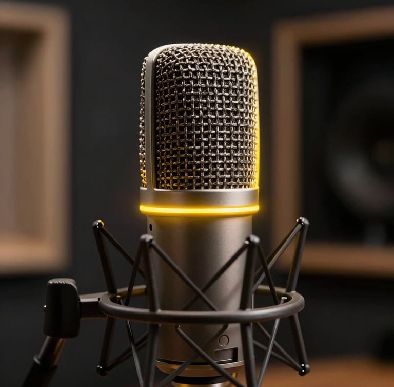 Close-up of a professional broadcast microphone, glowing yellow rim light, dark recording booth background, cinematic depth of field.