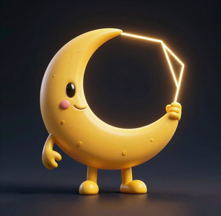 High-contrast vector mockup of the female cartoon moon mascot holding a glowing neon yellow geometric frame, dark background with deep blue gradients.