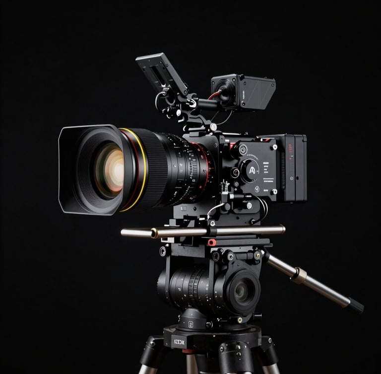 Wide panoramic shot of a high-end cinema camera rig in a dark studio, dramatic key light illuminating the lens, subtle neon yellow rim light, deep cosmic black background.