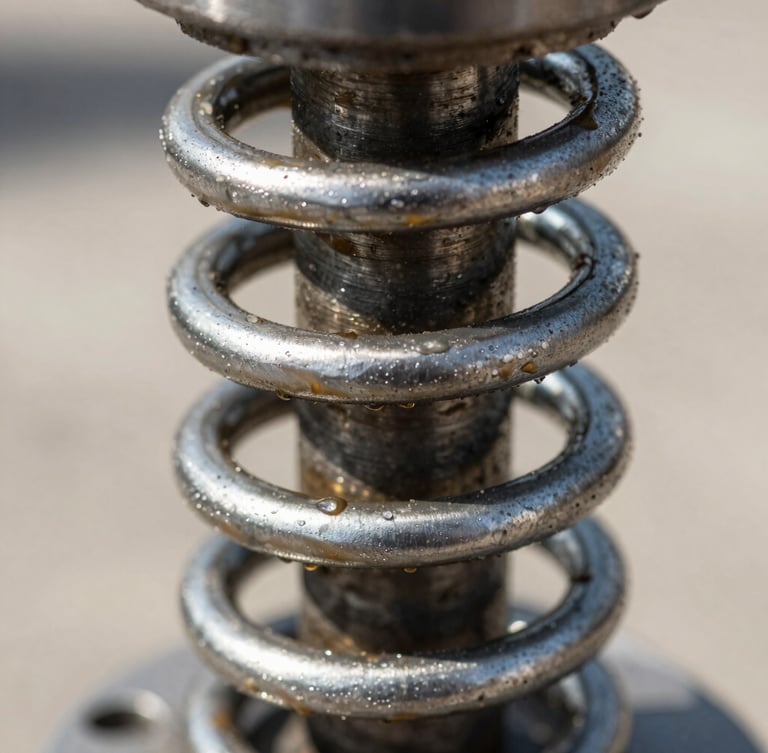 Macro close-up of a heavy-duty steel torsion spring under high tension, industrial grease, sharp focus on metal coils, bright natural daylight.
