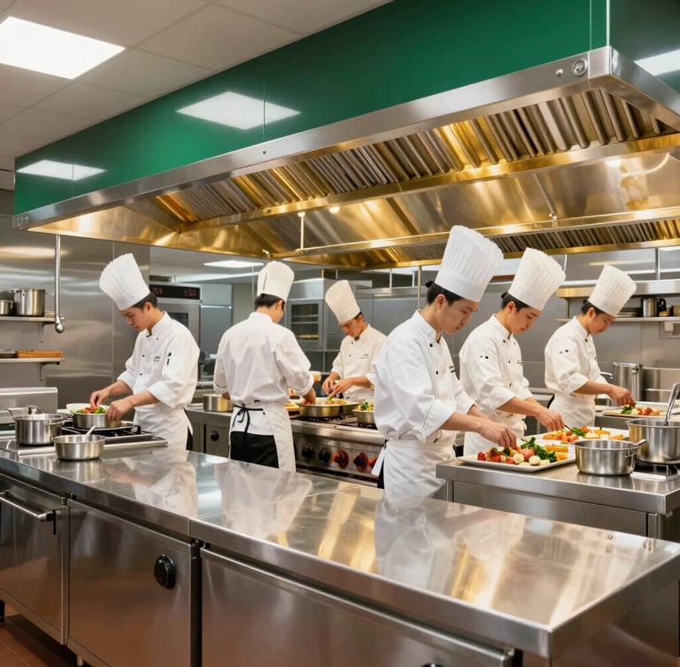 Wide-angle architectural photograph of an immaculate, gleaming industrial kitchen, polished stainless steel equipment, professional chefs in pristine white uniforms working in perfect order, bright clean commercial lighting with golden highlights.