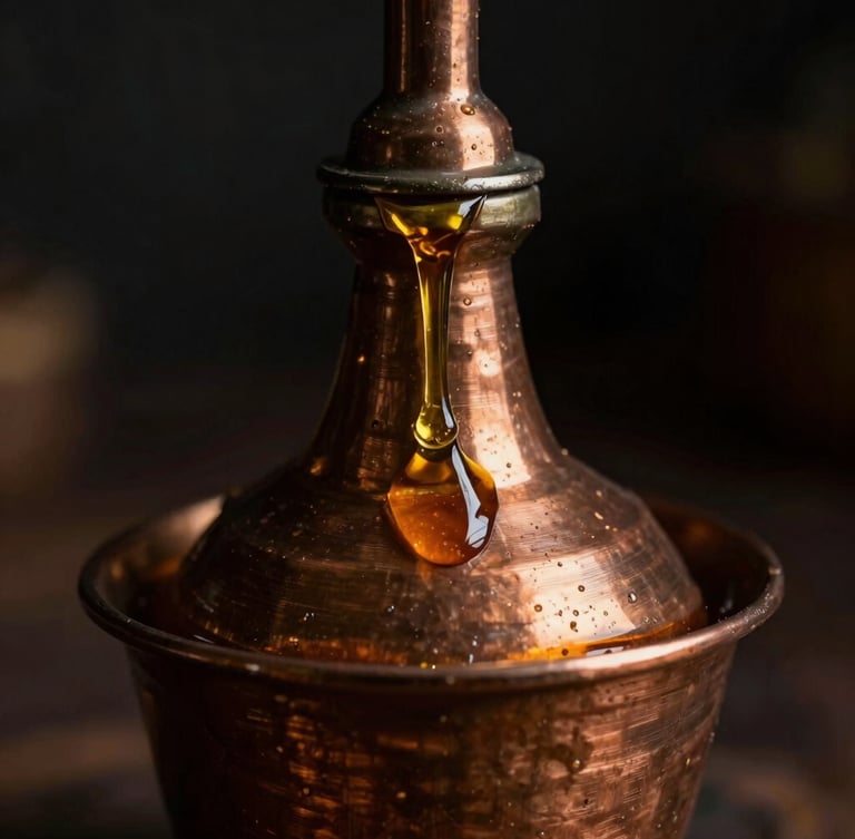 Slow-dripping amber oud oil from a traditional copper still, low-key dramatic lighting, macro lens, rich textures of liquid viscosity