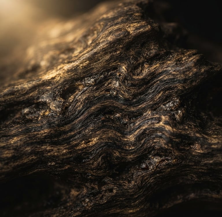 Macro close-up of dark, resin-soaked agarwood heartwood texture, soft golden light highlighting the organic grain, low-key dramatic lighting