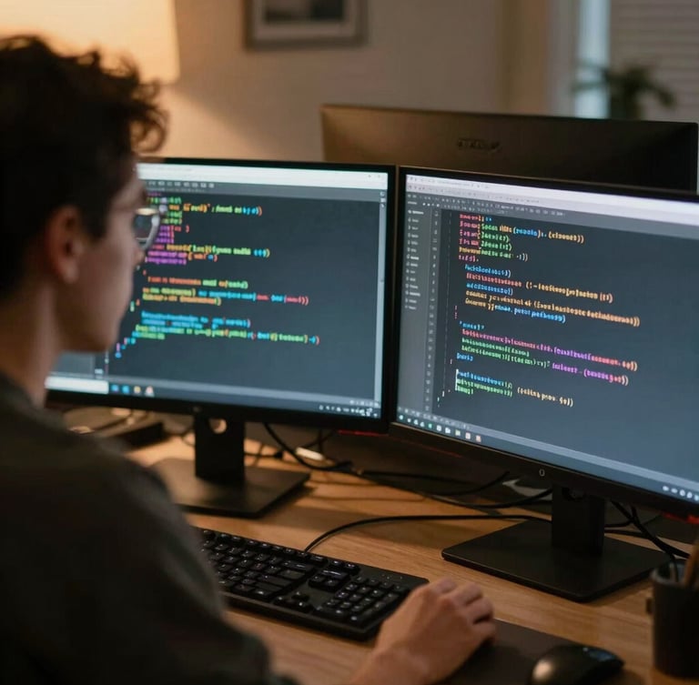 Over-the-shoulder perspective of a technician analyzing code on dual monitors in a warm cozy office with soft monitor glow, shallow depth of field, 35mm photography