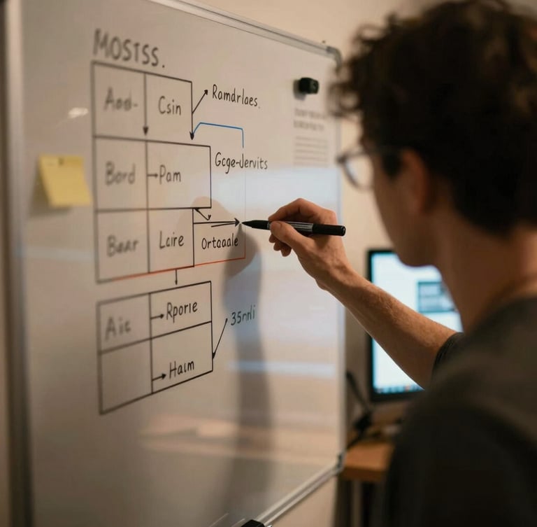 Cozy indoor lighting, a technician planning local website architecture on a physical whiteboard, warm marker colors, over-the-shoulder perspective, shallow depth of field, 35mm