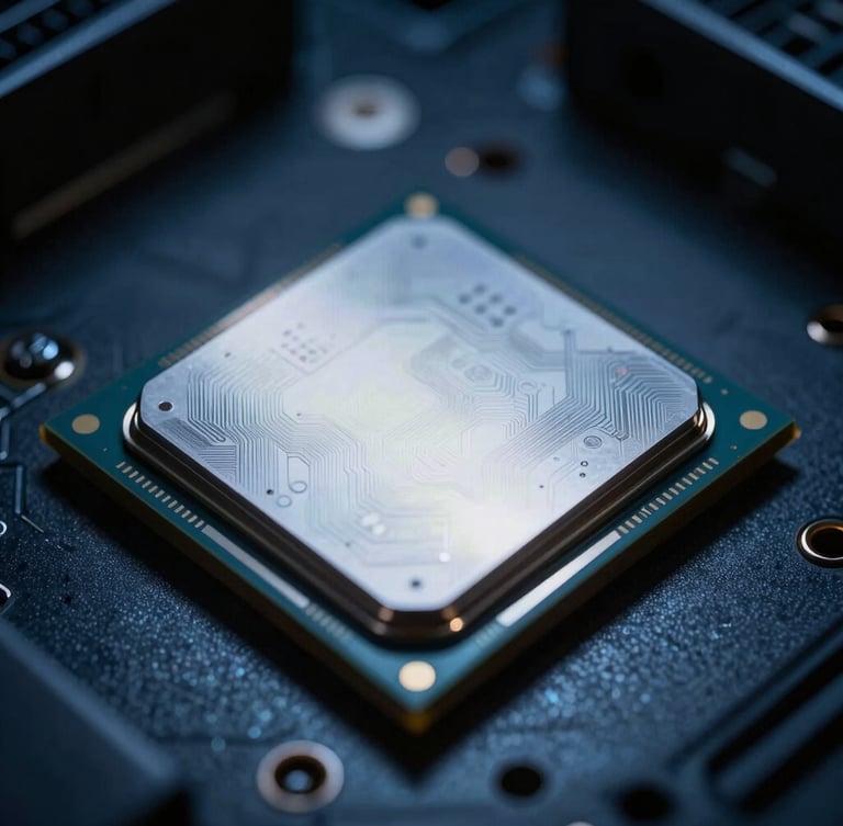 Macro close-up of a high-end server GPU chip, metallic traces glowing with cool-white light, dark technical background, sharp details.