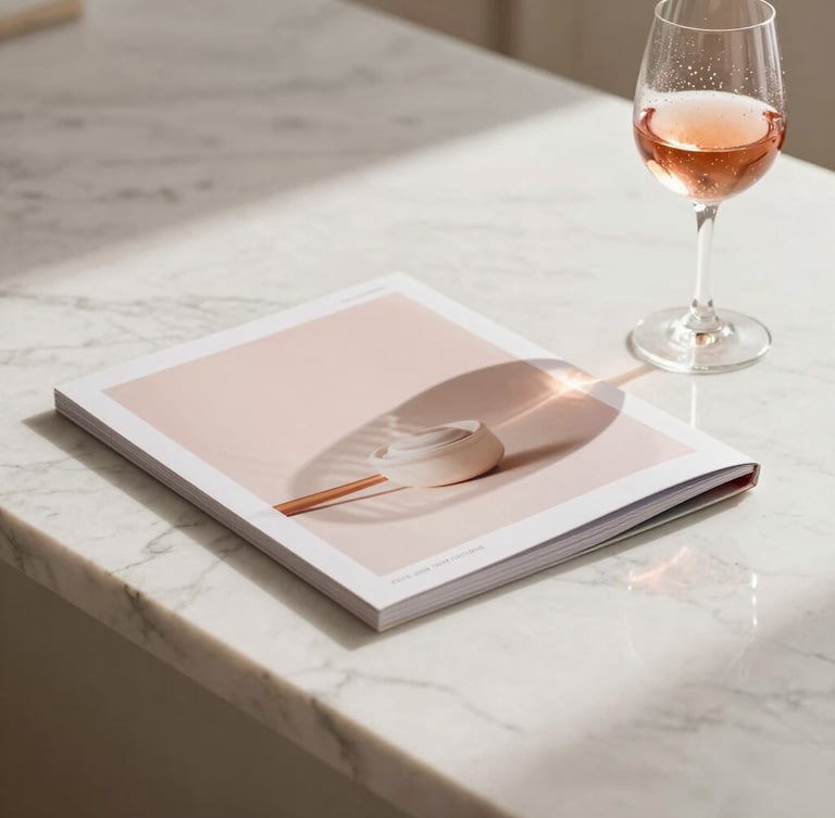A luxury printed catalogue resting on a minimalist champagne marble counter, soft morning light casting long shadows, a condensation-beaded glass of blush pink liquid nearby.