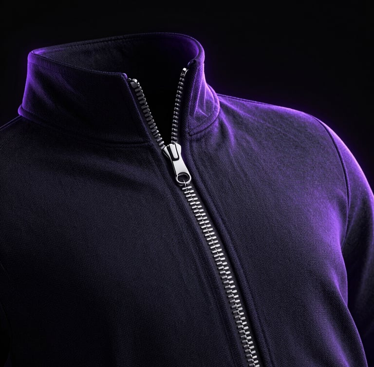 Cinematic close-up 3D render of a luxury streetwear jacket, showing ultra-detailed fabric weave and silver chrome zipper, dramatic rim lighting, dark matte black background, subtle purple glow