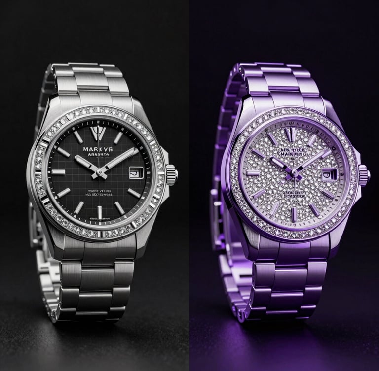 Cinematic 3D render split screen, left side showing a raw wireframe mesh of a luxury watch, right side showing the fully rendered chrome and diamond PBR texture, dark matte black background, dramatic rim lighting, subtle purple glow
