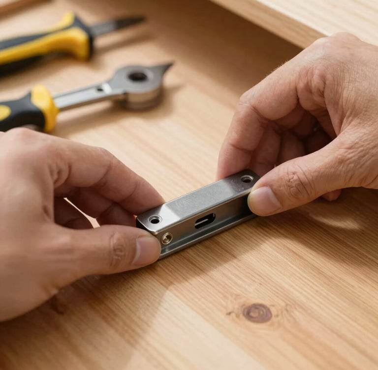 Close-up of clean tools on a wooden work surface, hands adjusting cabinet hardware, bright natural daylight, sharp depth of field