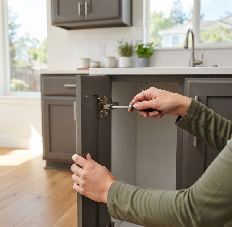 Clean, well-maintained Folsom rental property interior, hands adjusting a cabinet hinge, bright natural daylight, sharp depth of field