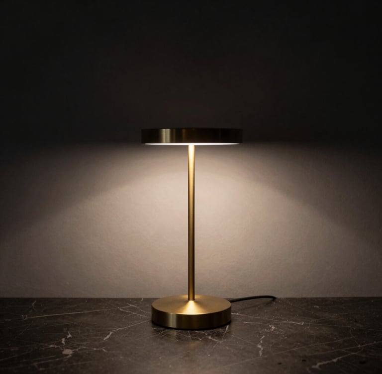 Straight-on architectural crop of a slim matte brass counter lamp on a honed dark marble surface, casting a precise downward light throw, moody low-key ambient light, deep shadows, 35mm lens