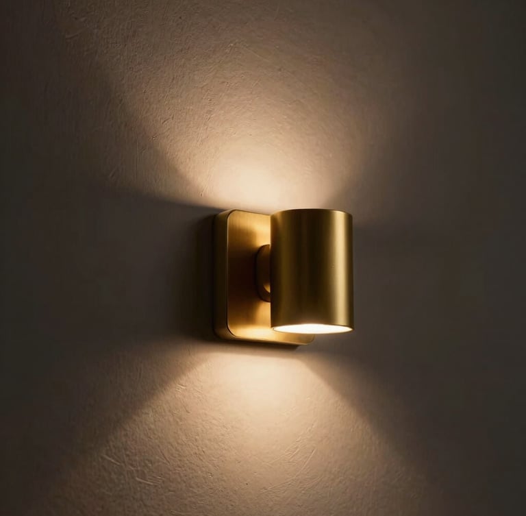 Tight architectural crop of a matte brass vanity sconce flush-mounted on a textured plaster wall, casting a dramatic downlight, warm ambient tones, 35mm lens