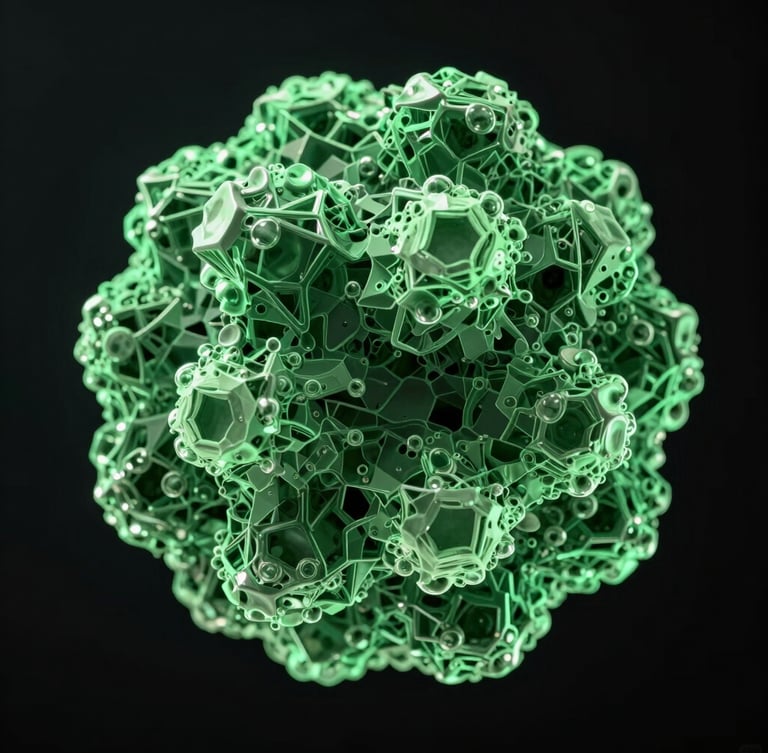 Macro close-up of a 3D molecular structure render, sharp crystalline edges, bioluminescent green self-illumination against deep obsidian background.