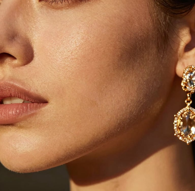 Extreme close-up macro photograph of flawless real bridal skin texture, warm golden hour directional light catching the cheekbone, intricate champagne-gold jewelry details, high-contrast luxury editorial style.