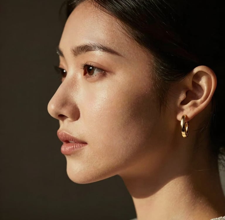 Macro side-profile of a bride showing flawless un-airbrushed skin finish, dramatic warm spotlight catching the cheekbone and gold temple jewelry, dark background