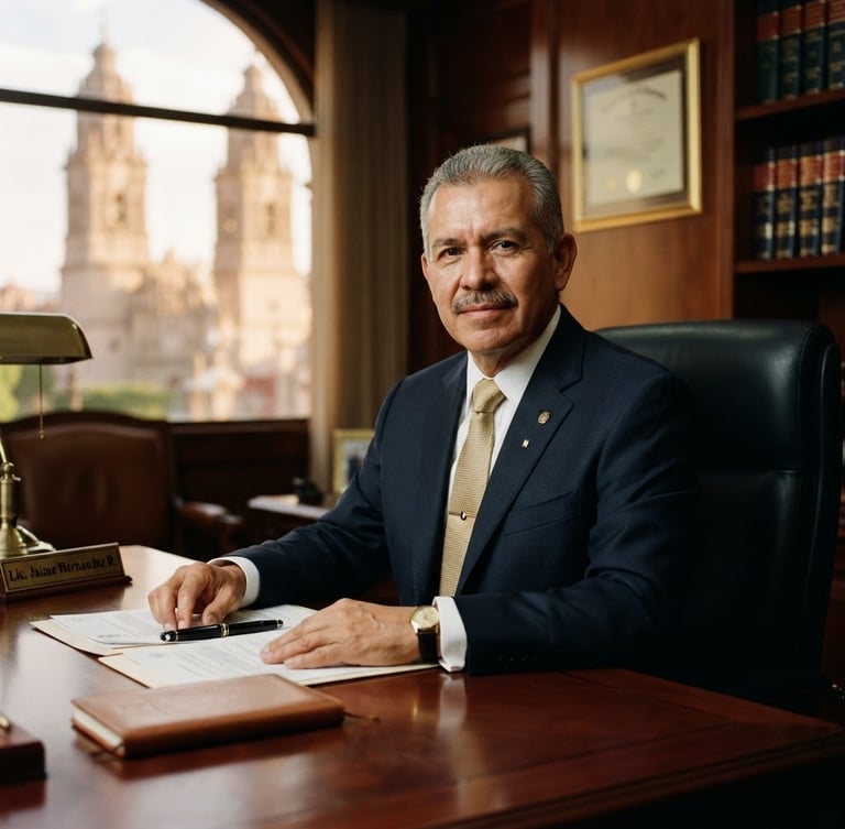 Professional portrait of Lic. Jaime Hernández, a distinguished lawyer in a dark suit, seated at a polished mahogany desk in an elegant corporate office, natural window light, classical architecture visible outside, solemn and confident expression, 35mm.