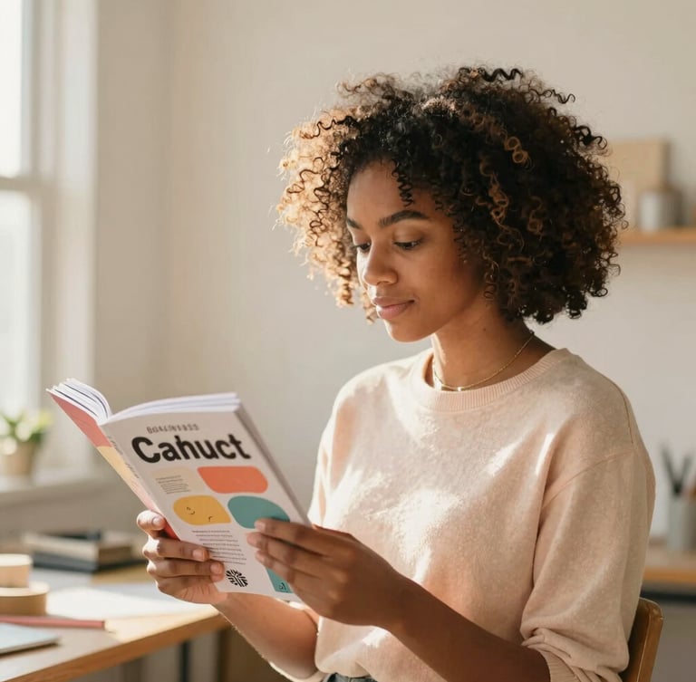 Warm environmental portrait of a young Black female founder in a sunlit creative studio, holding a colorful wellness zine, soft diffused golden-hour light, shallow depth of field.