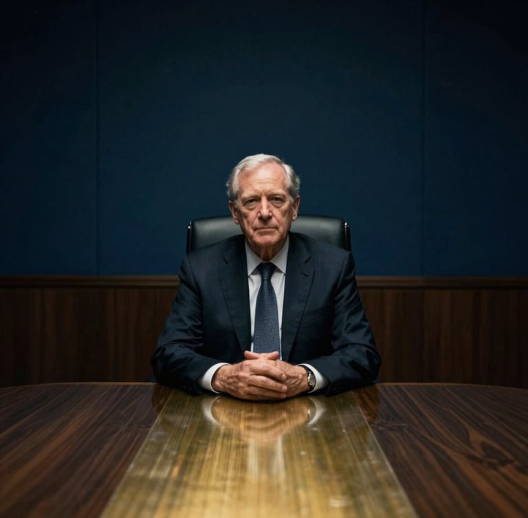 Portrait of a senior financial advisor in a quiet executive boardroom, dramatic low-key lighting, brushed metal desk, deep obsidian and gold tones, 35mm.
